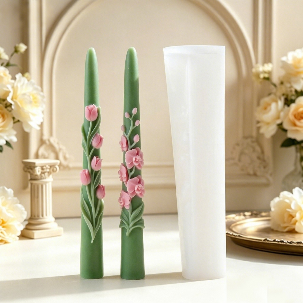 Candle Making Wax Melter - แม่พิมพ์ซิลิโคนเทียนแท่งยาวลายดอกไม้ 3 มิติ ลายดอกทิวลิปและกล้วยไม้ สำหรับทำเทียนจากขี้ผึ้งถั่วเหลือง ของตกแต่งบ้าน