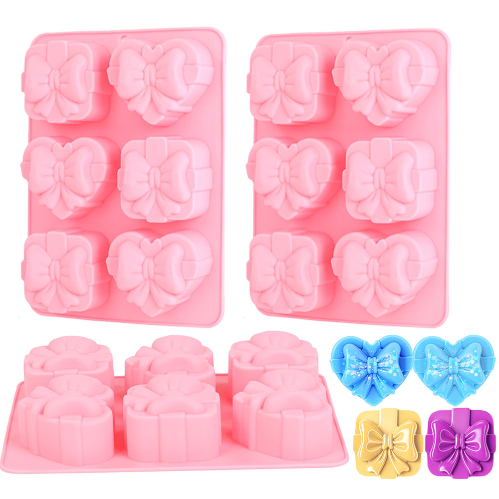 Candle Making Wax Melter - รูปหัวใจสแควร์แม่พิมพ์ซิลิโคน 6 Cavity Bow Design Handmade